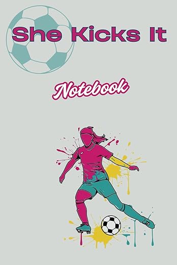 Grey notepad with She Kicks It Notepad in pink and a colourful, paint-splashed player in the middle